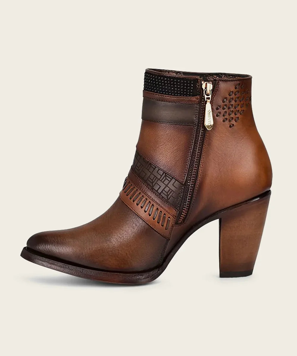 3F86RS Hand-Painted Brown Leather Ankle Bootie