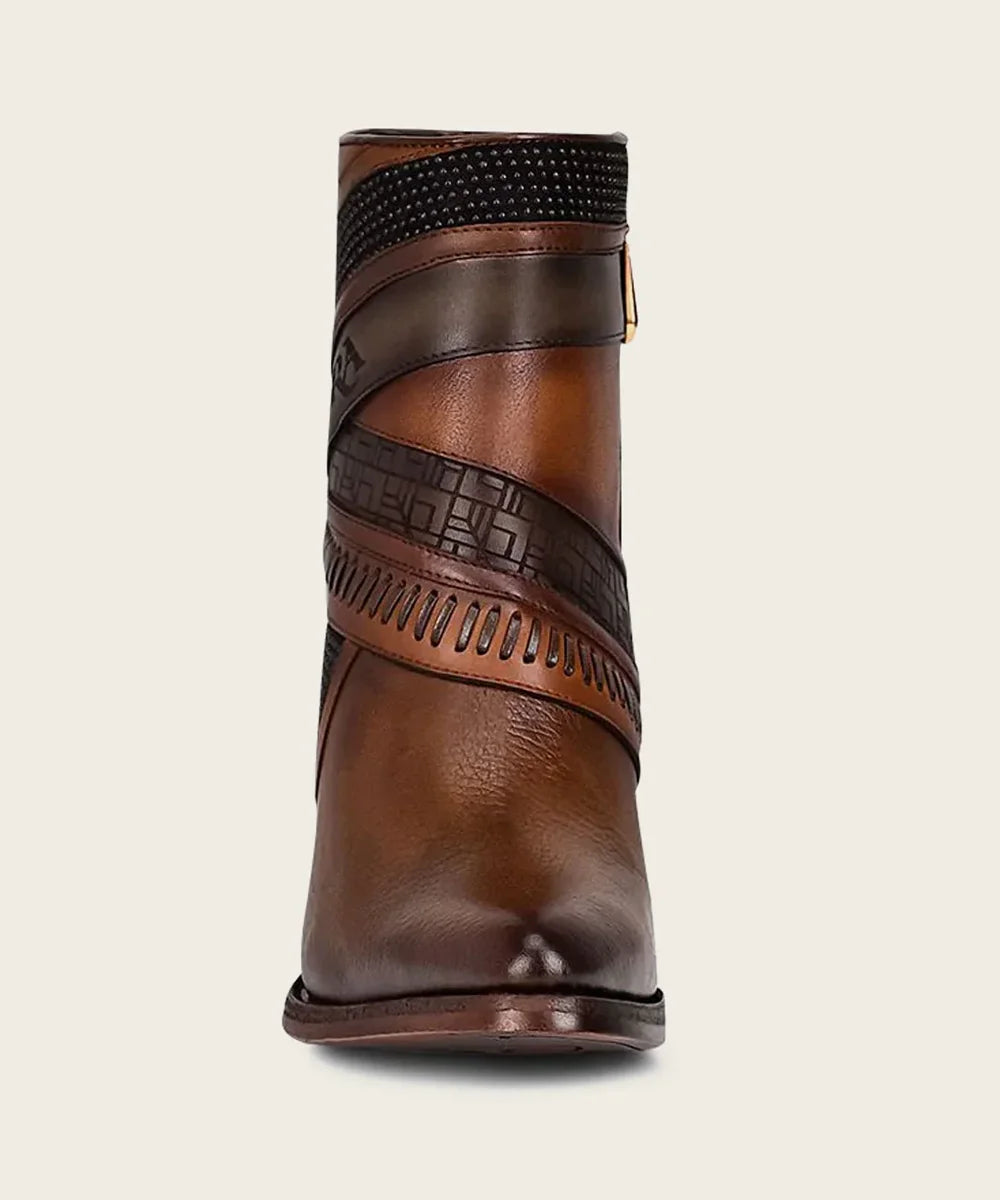 3F86RS Hand-Painted Brown Leather Ankle Bootie